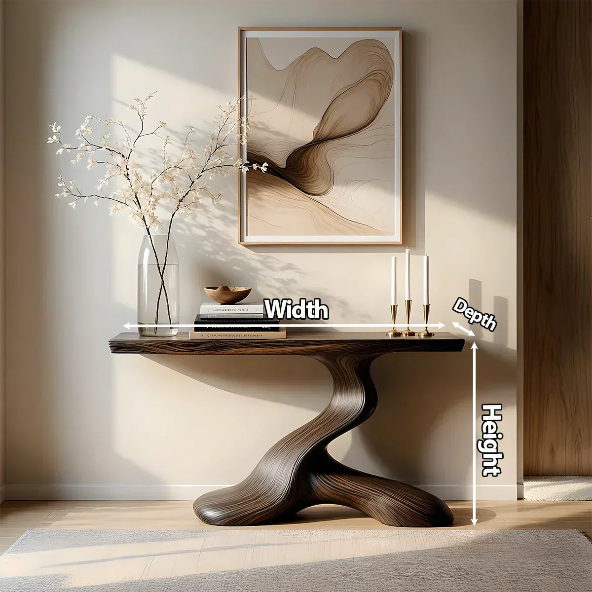 Dark Sculptural Solid Wood Console — Organic Japandi Entry Table - Rustiracraft