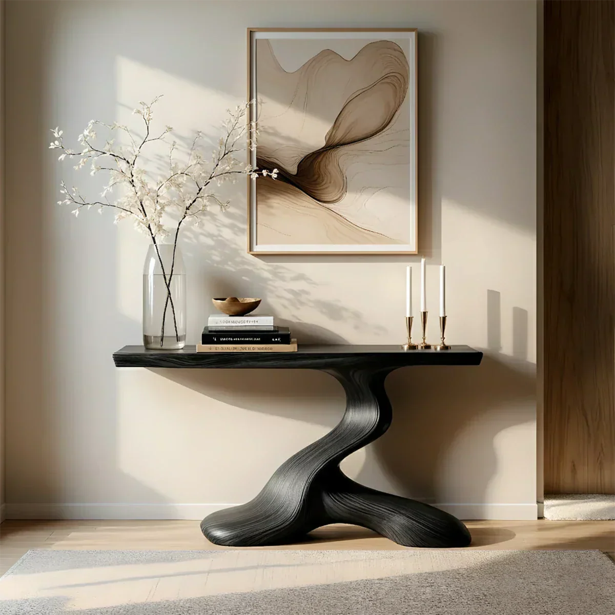 Dark Sculptural Solid Wood Console — Organic Japandi Entry Table - Rustiracraft