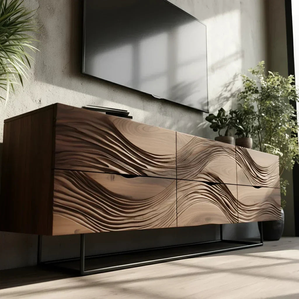 Dark Walnut Sculpted TV Stand – Modern Organic Wave Media Console - Rustiracraft