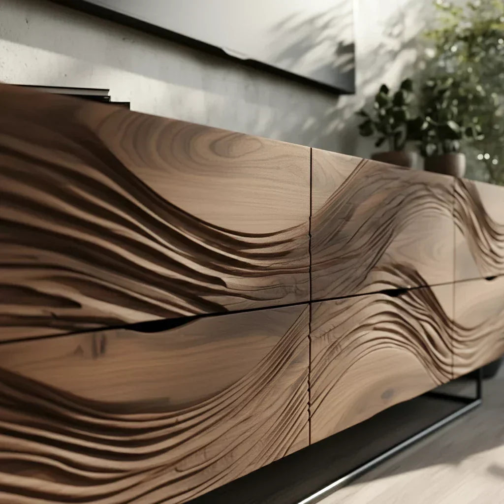 Dark Walnut Sculpted TV Stand – Modern Organic Wave Media Console - Rustiracraft