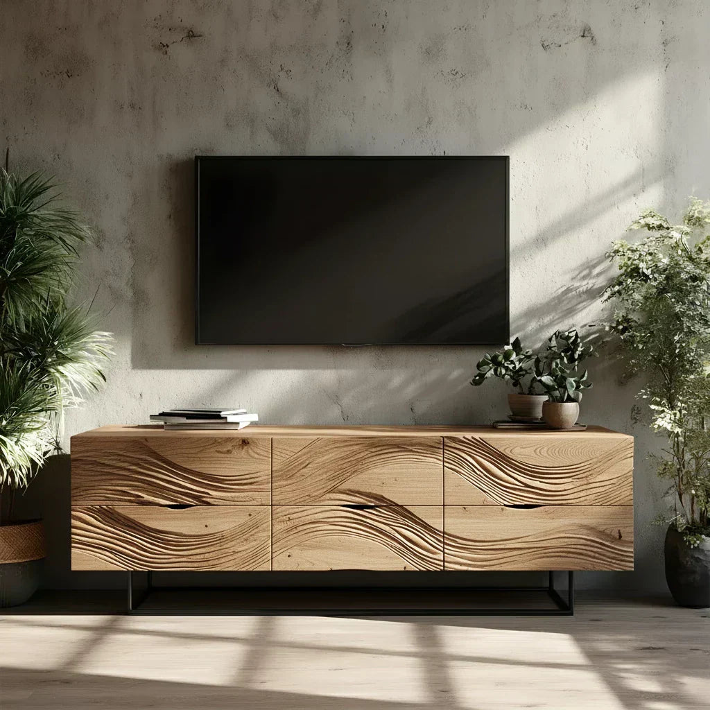 Dark Walnut Sculpted TV Stand – Modern Organic Wave Media Console - Rustiracraft
