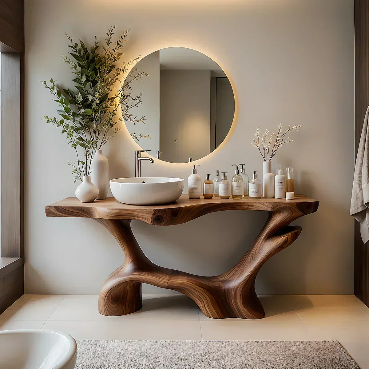 Double-Sculpted Wood Pedestal Vanity – Modern Bathroom Sink Table - Rustiracraft