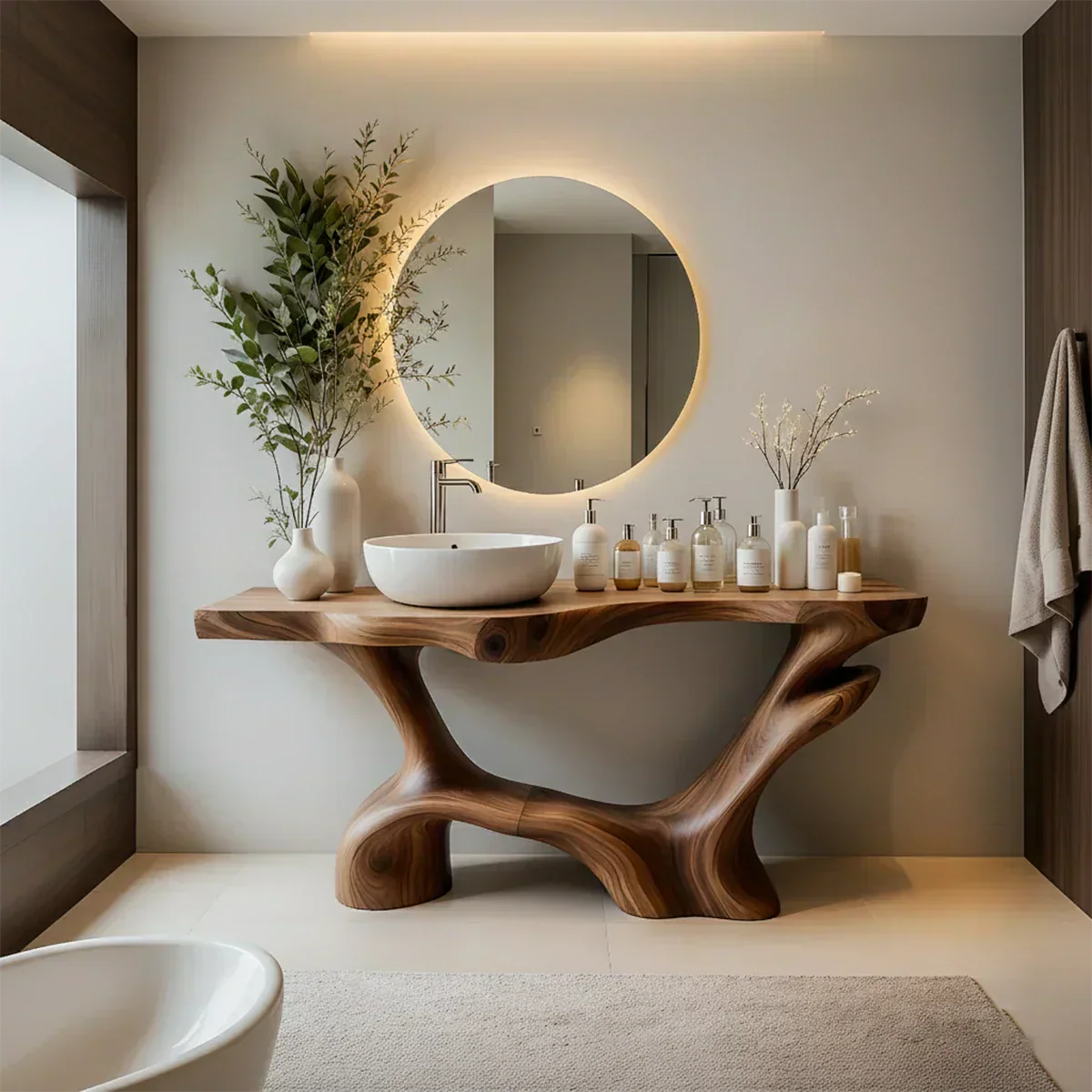 Double-Sculpted Wood Pedestal Vanity – Modern Bathroom Sink Table - Rustiracraft