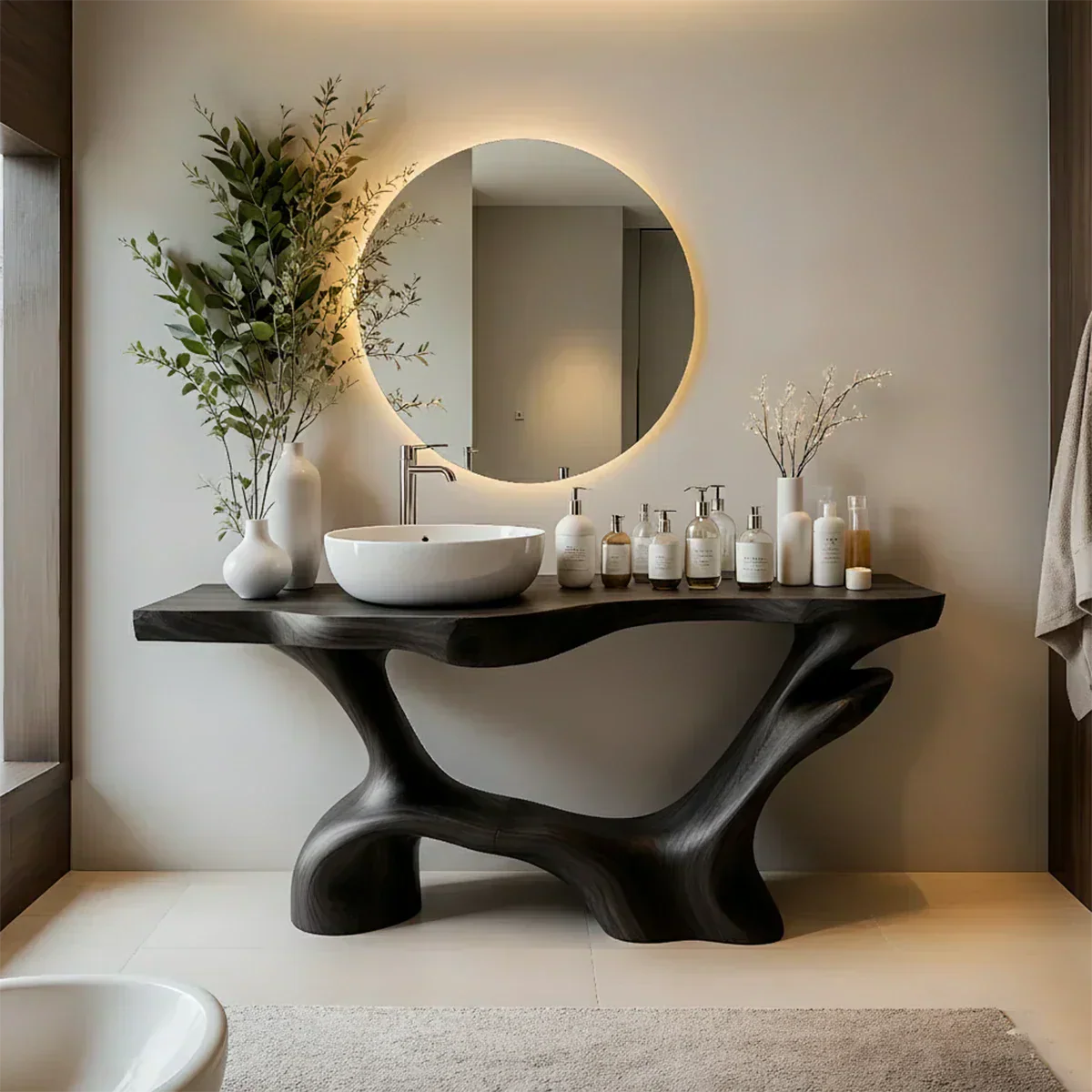 Double-Sculpted Wood Pedestal Vanity – Modern Bathroom Sink Table - Rustiracraft