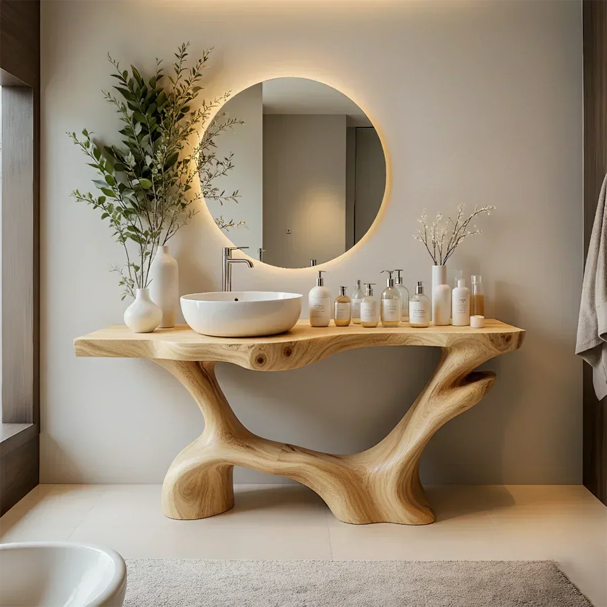 Double-Sculpted Wood Pedestal Vanity – Modern Bathroom Sink Table - Rustiracraft