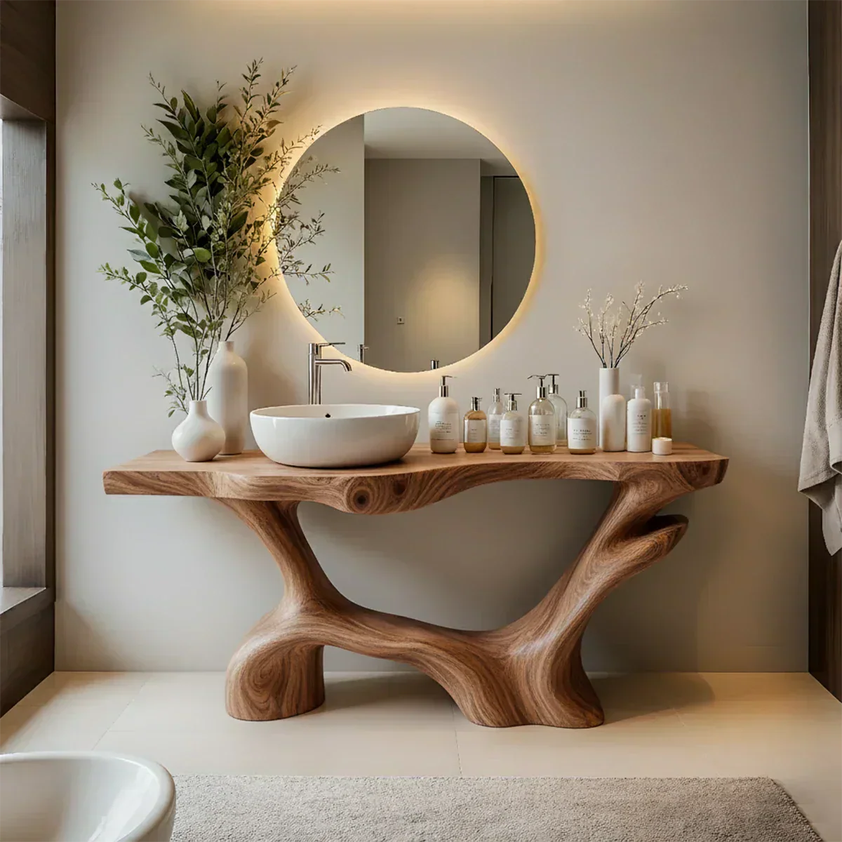 Double-Sculpted Wood Pedestal Vanity – Modern Bathroom Sink Table - Rustiracraft