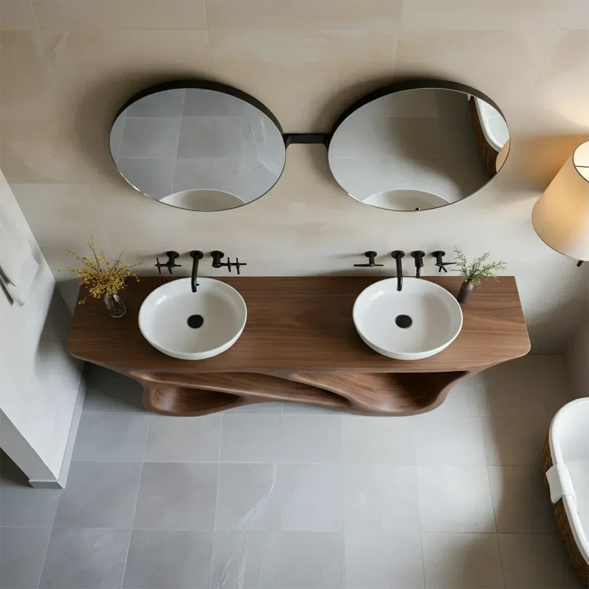 Double Sink Solid Walnut Vanity with Sculptural Flow Design - Rustiracraft