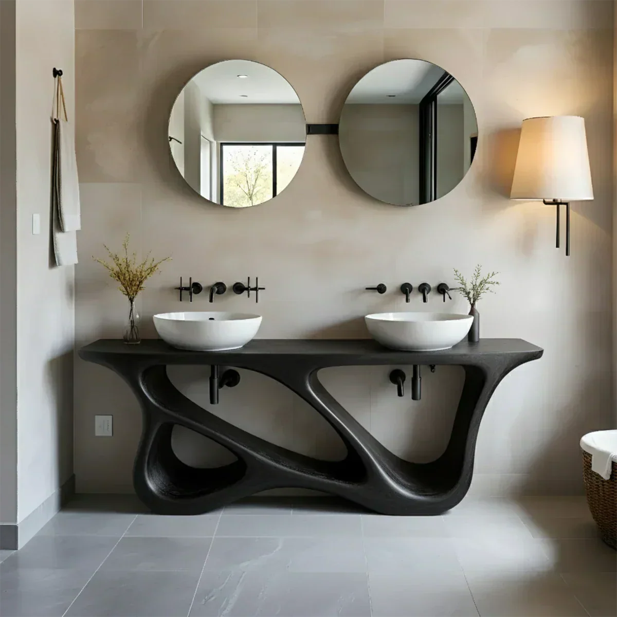 Double Sink Solid Walnut Vanity with Sculptural Flow Design - Rustiracraft