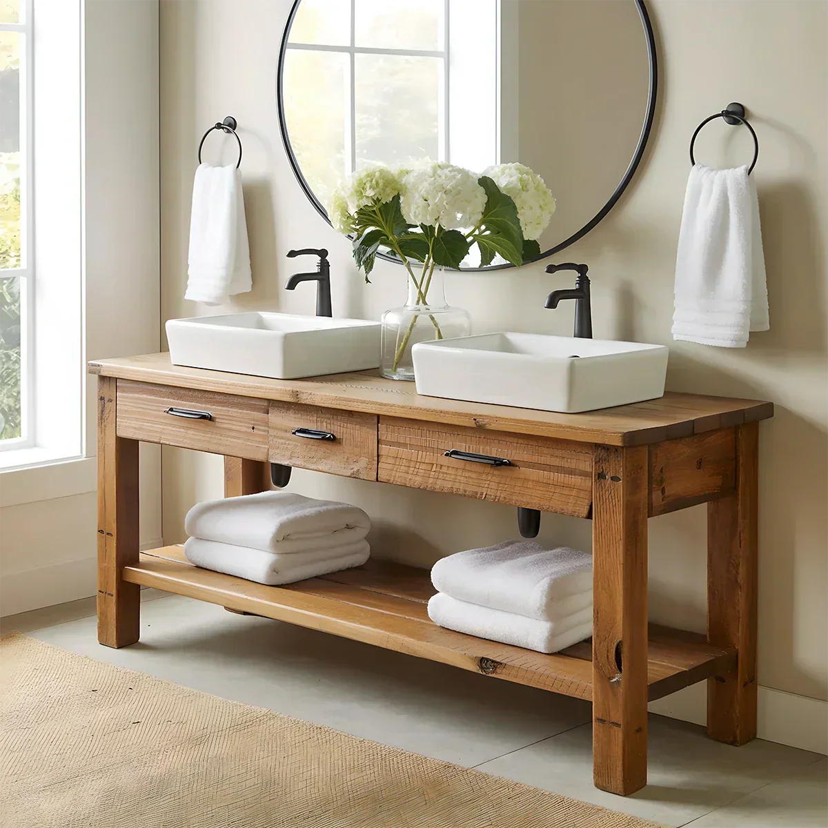 Double Sink Solid Wood Bathroom Vanity – Rustic Farmhouse Handcrafted Cabinet - Rustiracraft