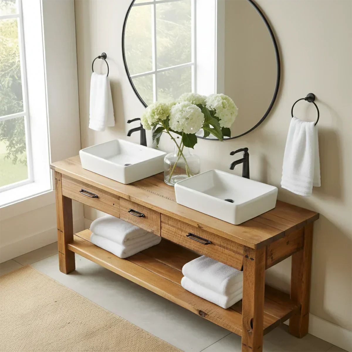 Double Sink Solid Wood Bathroom Vanity – Rustic Farmhouse Handcrafted Cabinet - Rustiracraft
