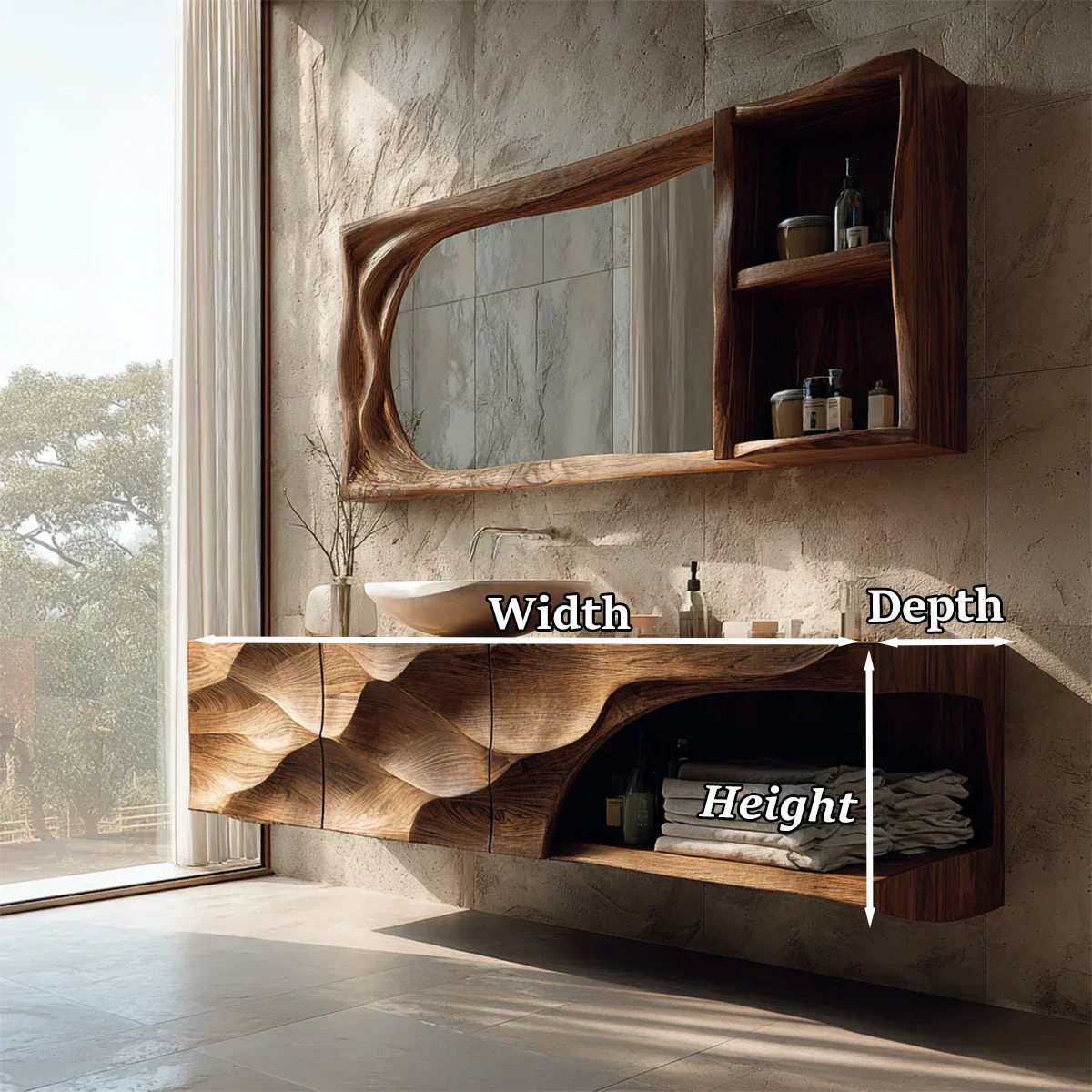 Floating Solid Wood Bathroom Vanity – Hand-Carved Natural Wood Storage Cabinet - Rustiracraft