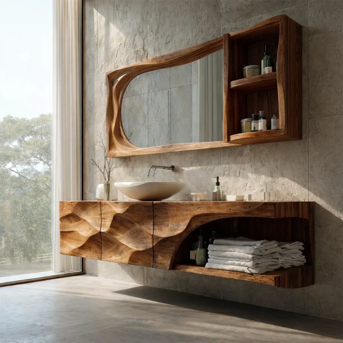 Floating Solid Wood Bathroom Vanity – Hand-Carved Natural Wood Storage Cabinet - Rustiracraft