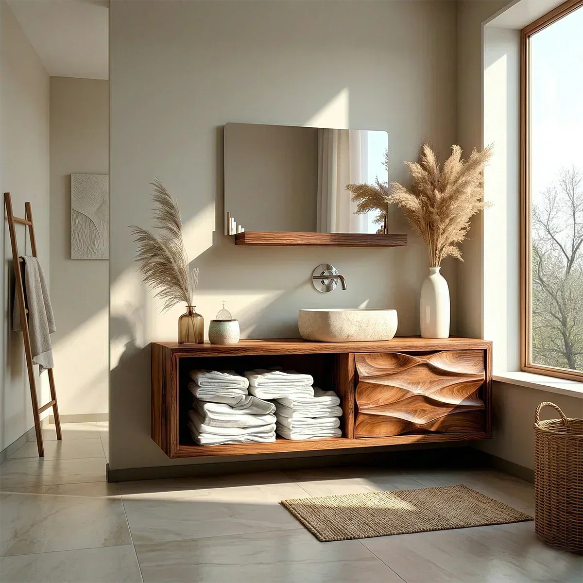 Floating Solid Wood Bathroom Vanity – Hand-Carved Natural Wood Storage Cabinet - Rustiracraft