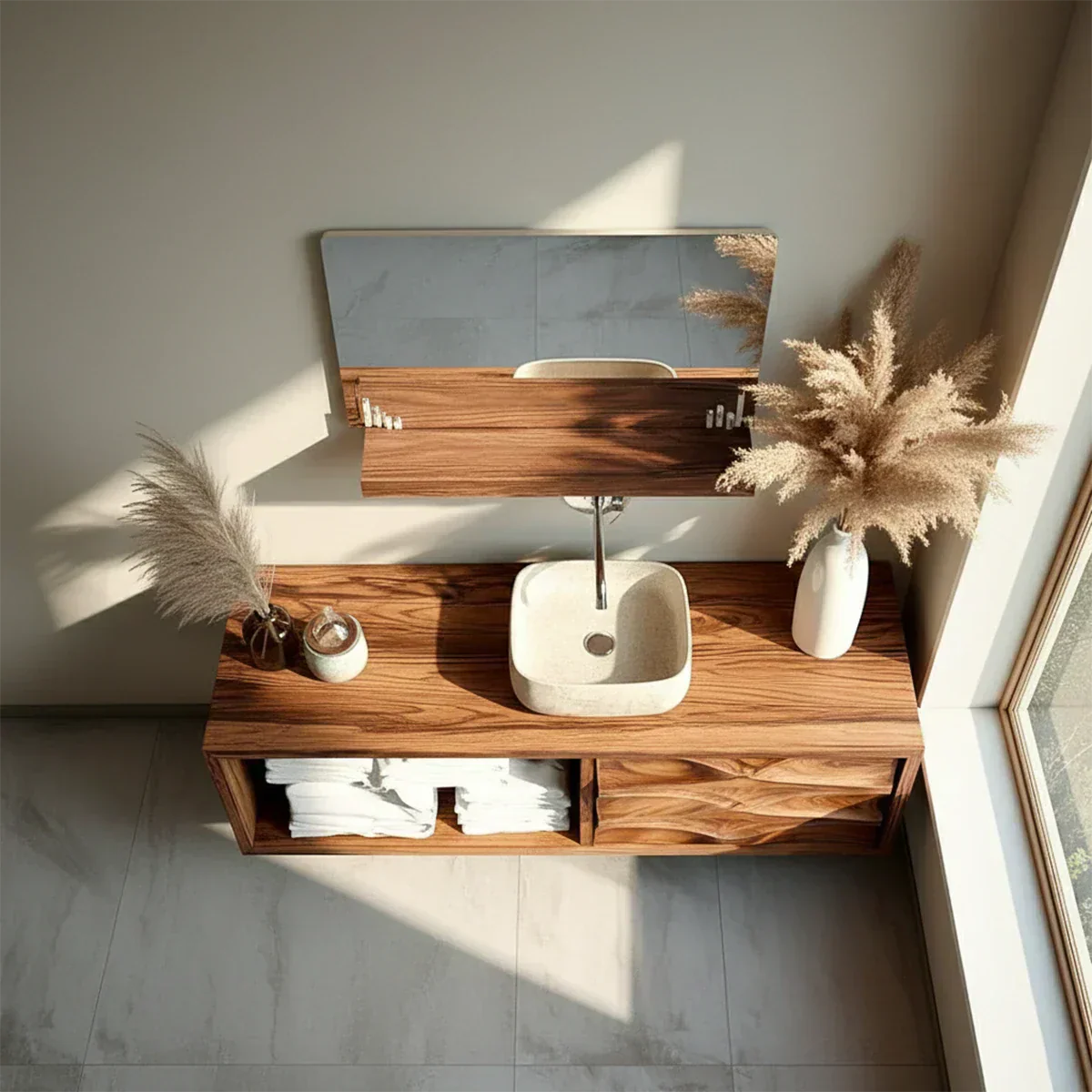 Floating Solid Wood Bathroom Vanity – Hand-Carved Natural Wood Storage Cabinet - Rustiracraft