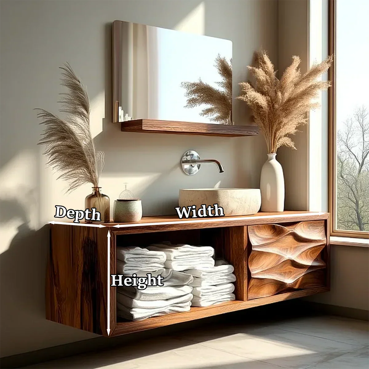 Floating Solid Wood Bathroom Vanity – Hand-Carved Natural Wood Storage Cabinet - Rustiracraft