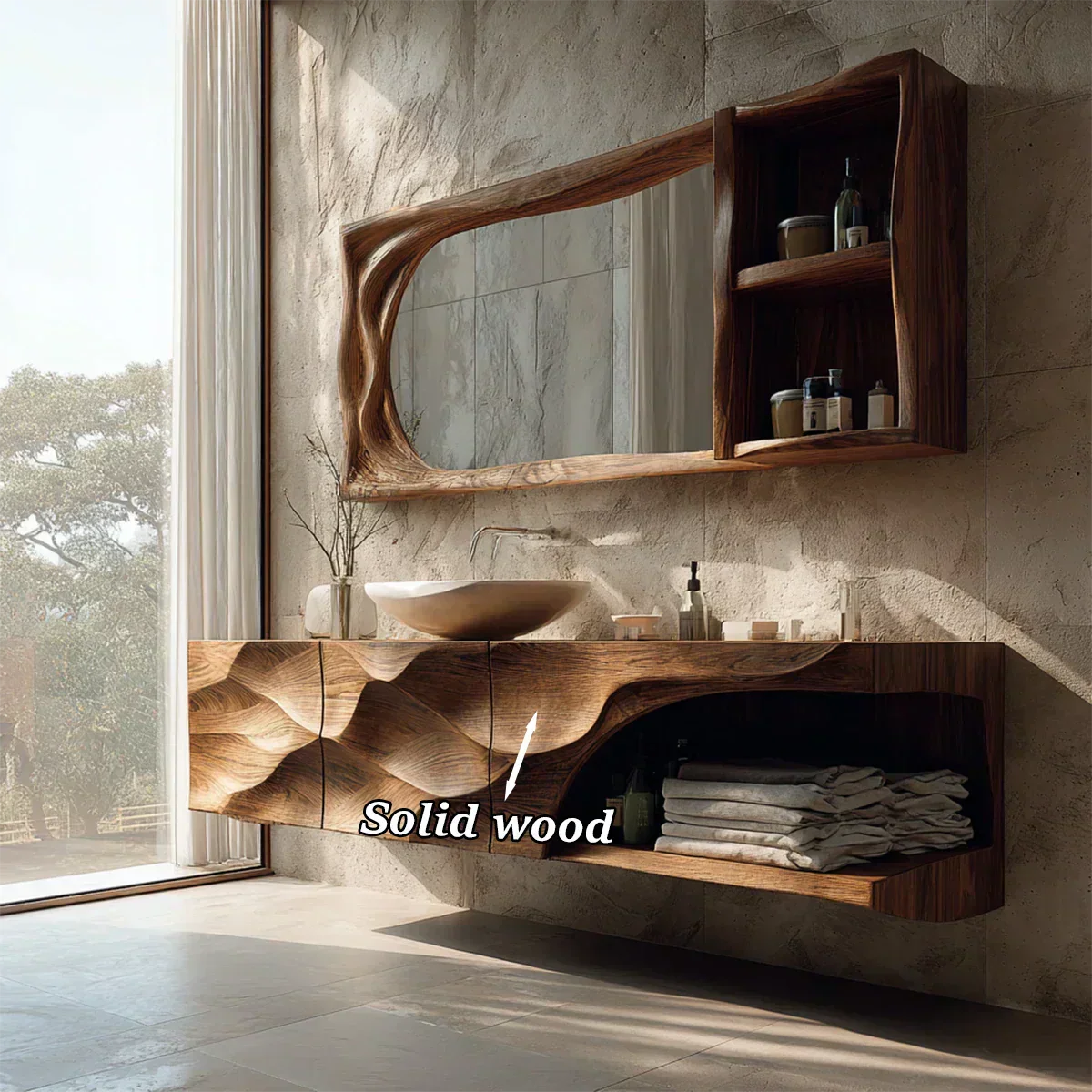Floating Solid Wood Bathroom Vanity – Hand-Carved Natural Wood Storage Cabinet - Rustiracraft