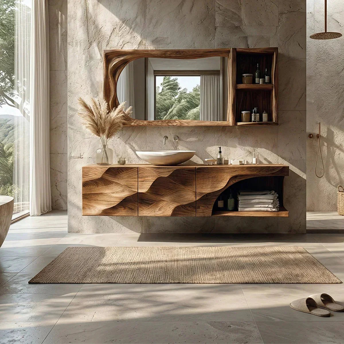 Floating Solid Wood Bathroom Vanity – Hand-Carved Natural Wood Storage Cabinet - Rustiracraft