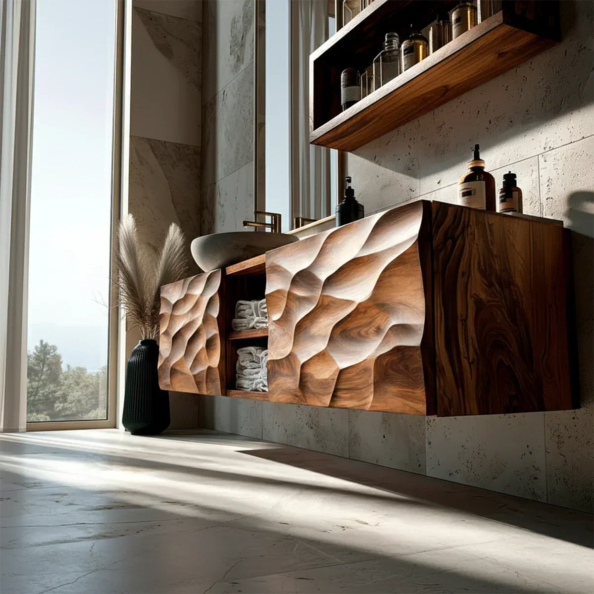 Floating Solid Wood Bathroom Vanity – Hand Carved Sculptural Front Cabinet - Rustiracraft
