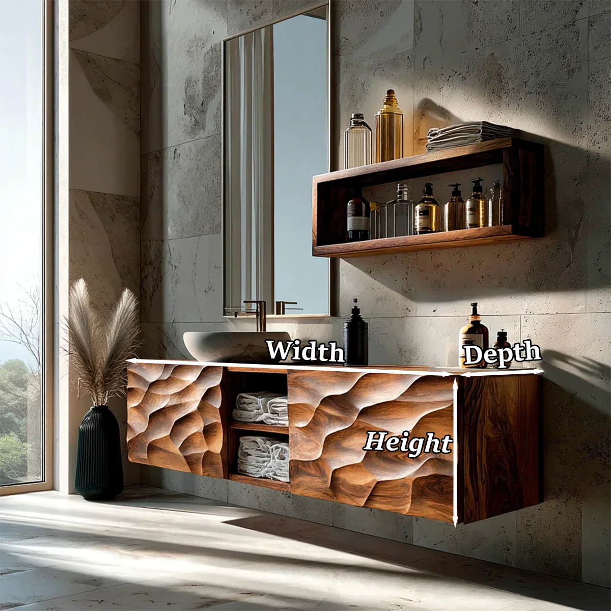 Floating Solid Wood Bathroom Vanity – Hand Carved Sculptural Front Cabinet - Rustiracraft
