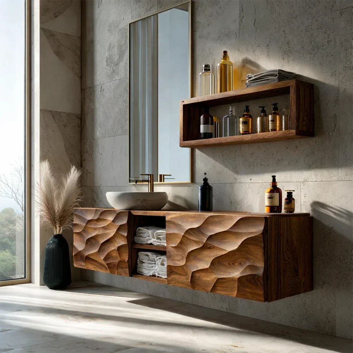 Floating Solid Wood Bathroom Vanity – Hand Carved Sculptural Front Cabinet - Rustiracraft