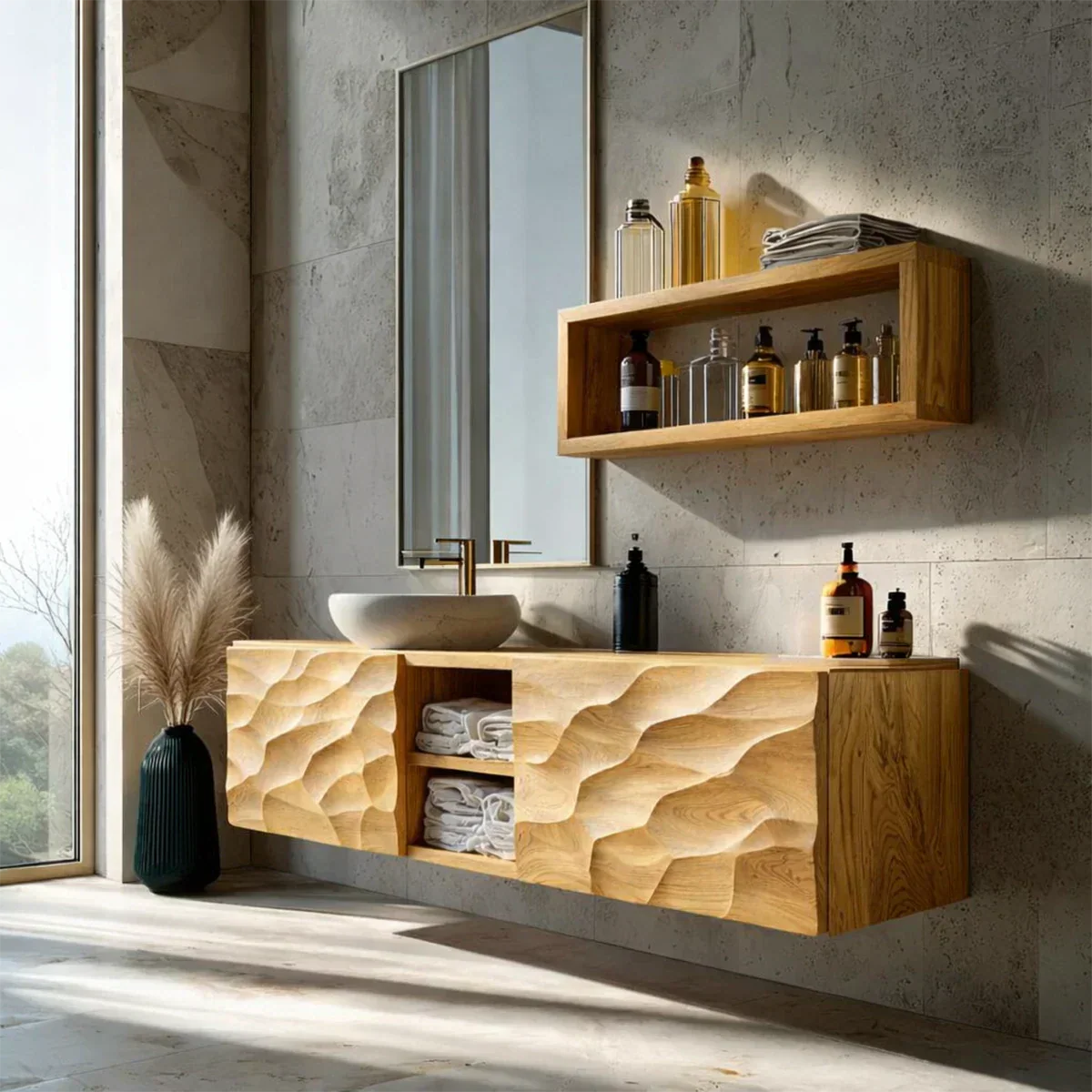 Floating Solid Wood Bathroom Vanity – Hand Carved Sculptural Front Cabinet - Rustiracraft
