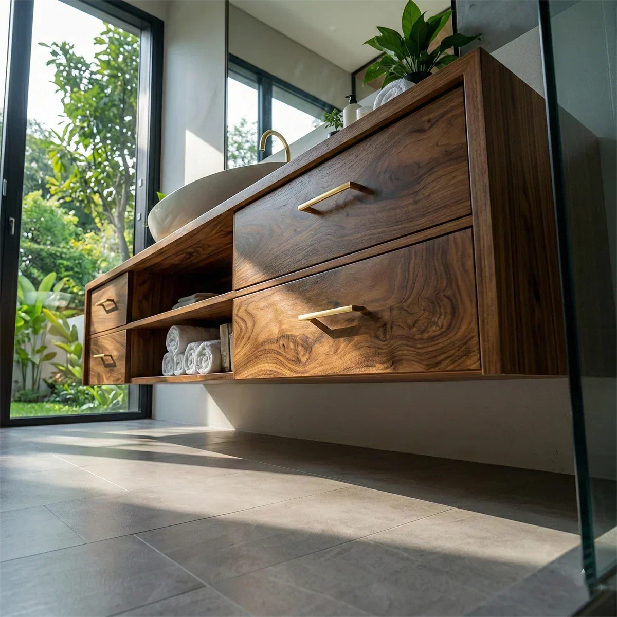 Floating Solid Wood Bathroom Vanity – Modern Vanity with Drawers and Open Shelf - Rustiracraft
