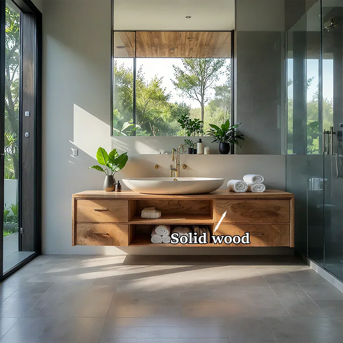 Floating Solid Wood Bathroom Vanity – Modern Vanity with Drawers and Open Shelf - Rustiracraft