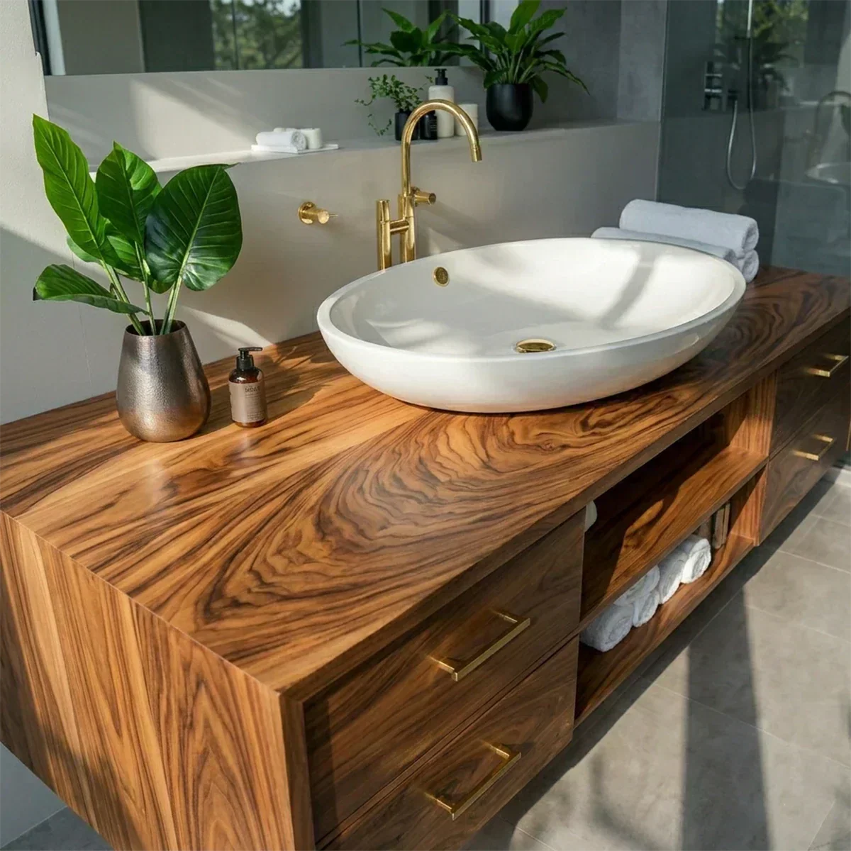 Floating Solid Wood Bathroom Vanity – Modern Vanity with Drawers and Open Shelf - Rustiracraft