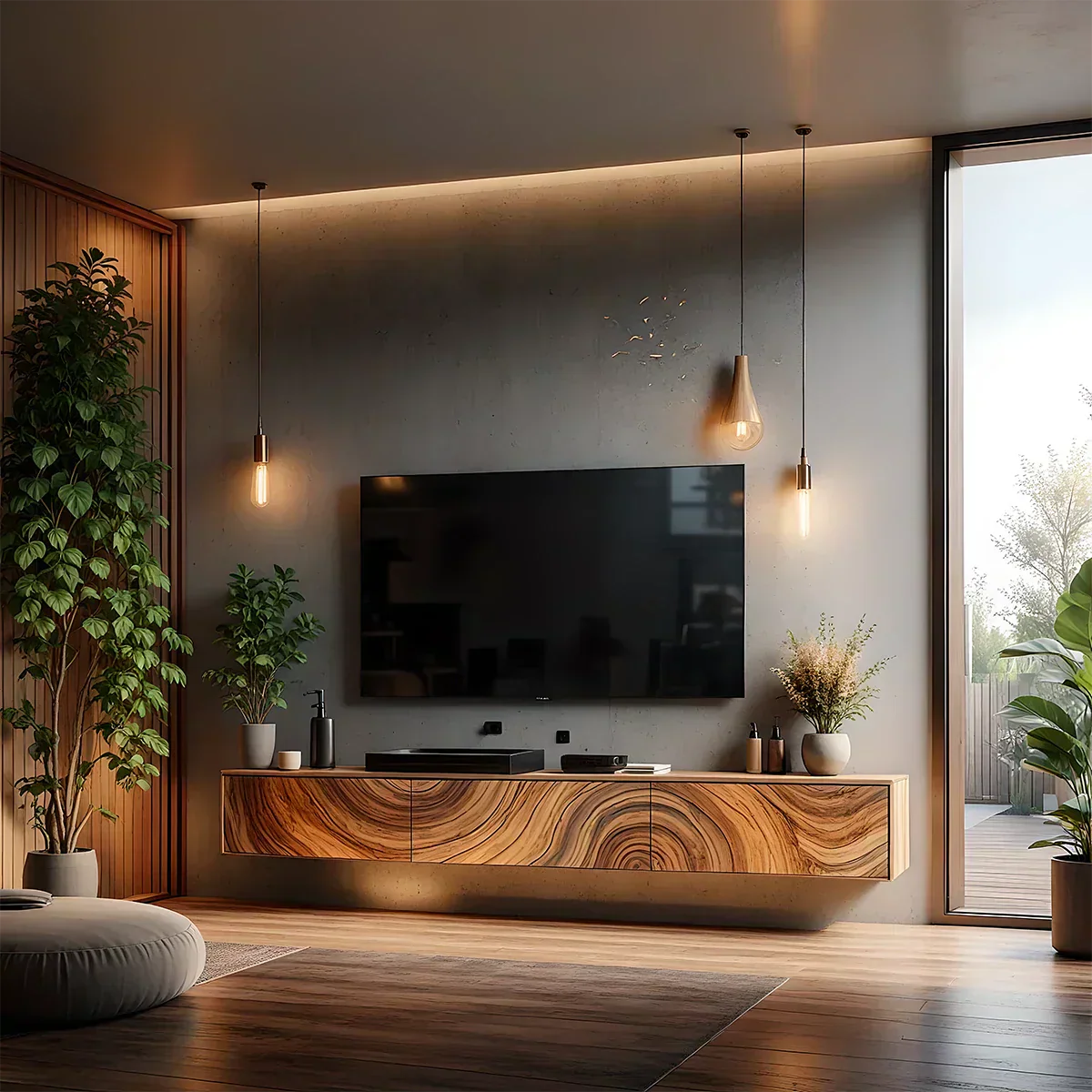Floating Solid Wood TV Console with Artistic Grain & Soft Edge Design - Rustiracraft