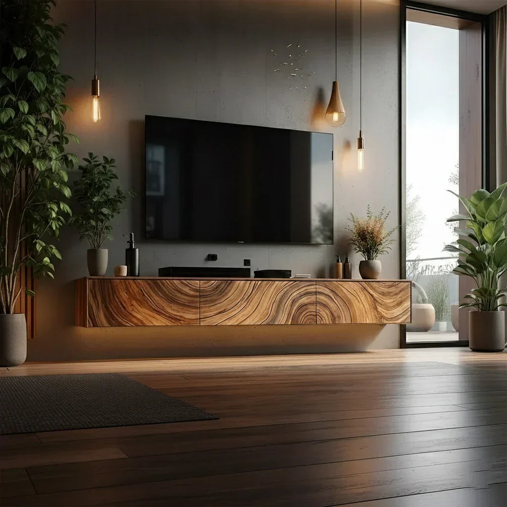 Floating Solid Wood TV Console with Artistic Grain & Soft Edge Design - Rustiracraft