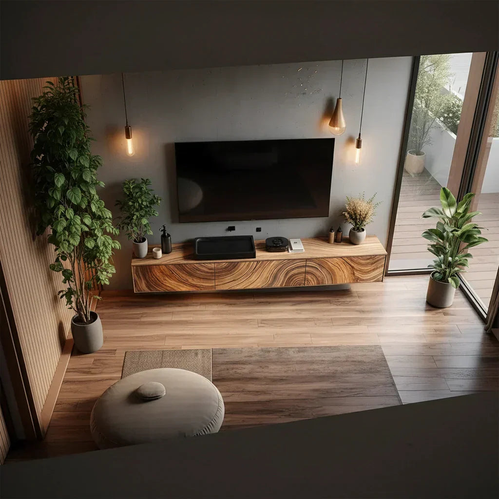 Floating Solid Wood TV Console with Artistic Grain & Soft Edge Design - Rustiracraft
