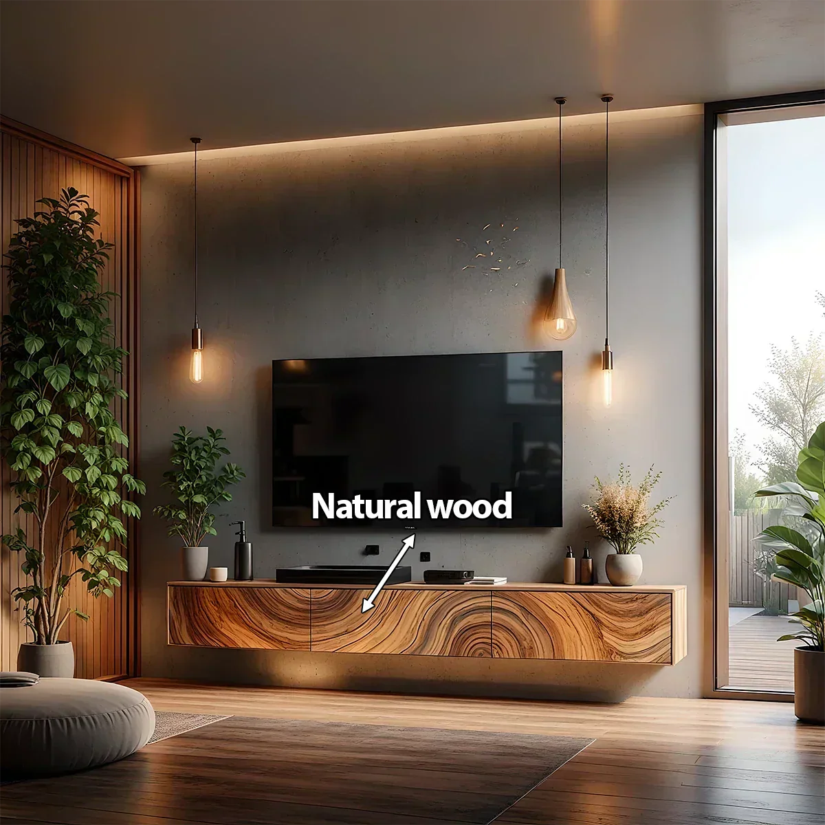 Floating Solid Wood TV Console with Artistic Grain & Soft Edge Design - Rustiracraft