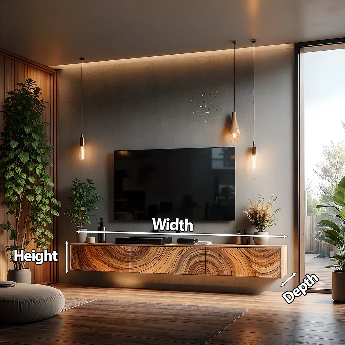 Floating Solid Wood TV Console with Artistic Grain & Soft Edge Design - Rustiracraft