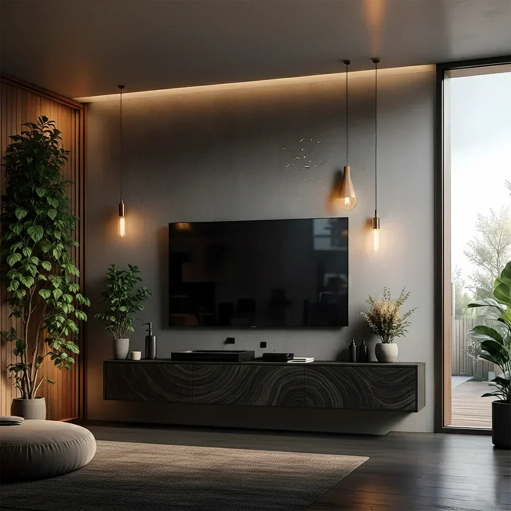 Floating Solid Wood TV Console with Artistic Grain & Soft Edge Design - Rustiracraft