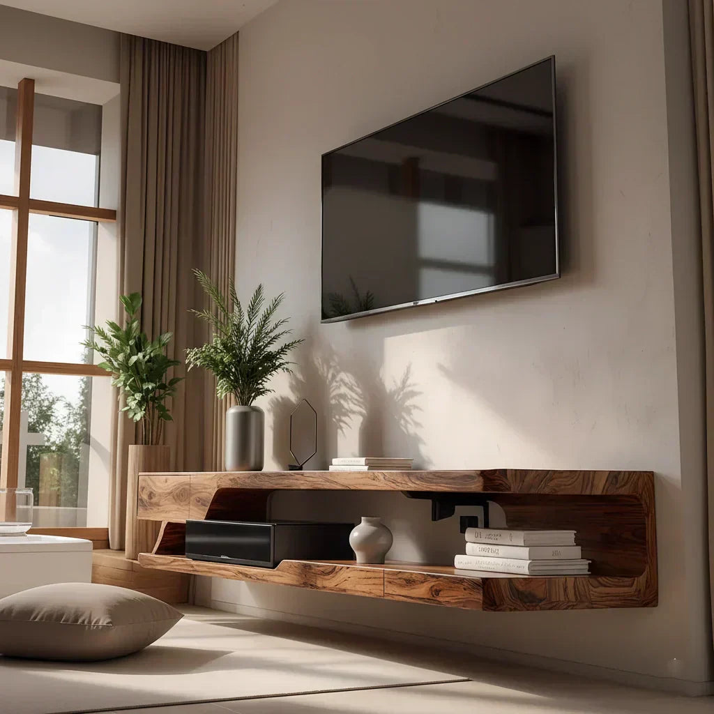 Floating Solid Wood TV Stand – Minimal Organic Modern Wall-Mounted Console - Rustiracraft