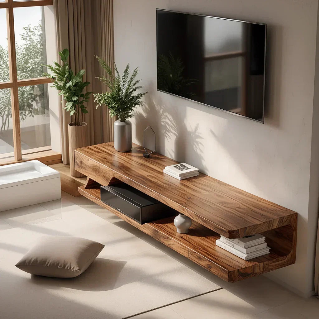 Floating Solid Wood TV Stand – Minimal Organic Modern Wall-Mounted Console - Rustiracraft