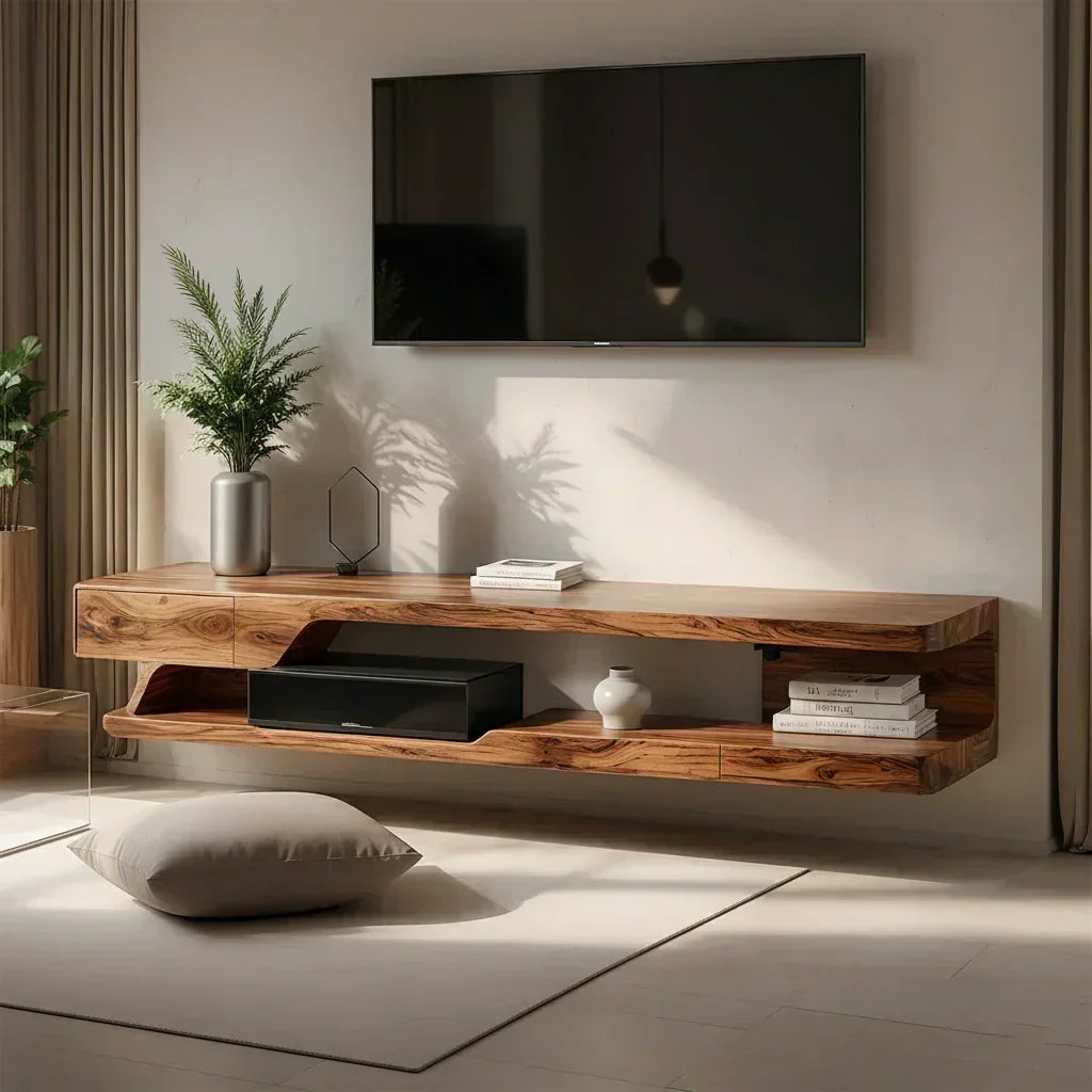 Floating Solid Wood TV Stand – Minimal Organic Modern Wall-Mounted Console - Rustiracraft