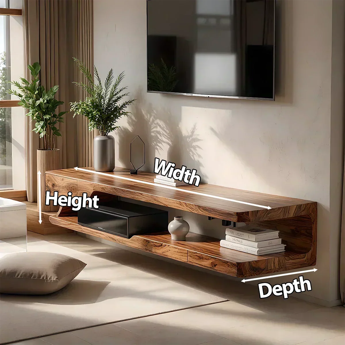Floating Solid Wood TV Stand – Minimal Organic Modern Wall-Mounted Console - Rustiracraft