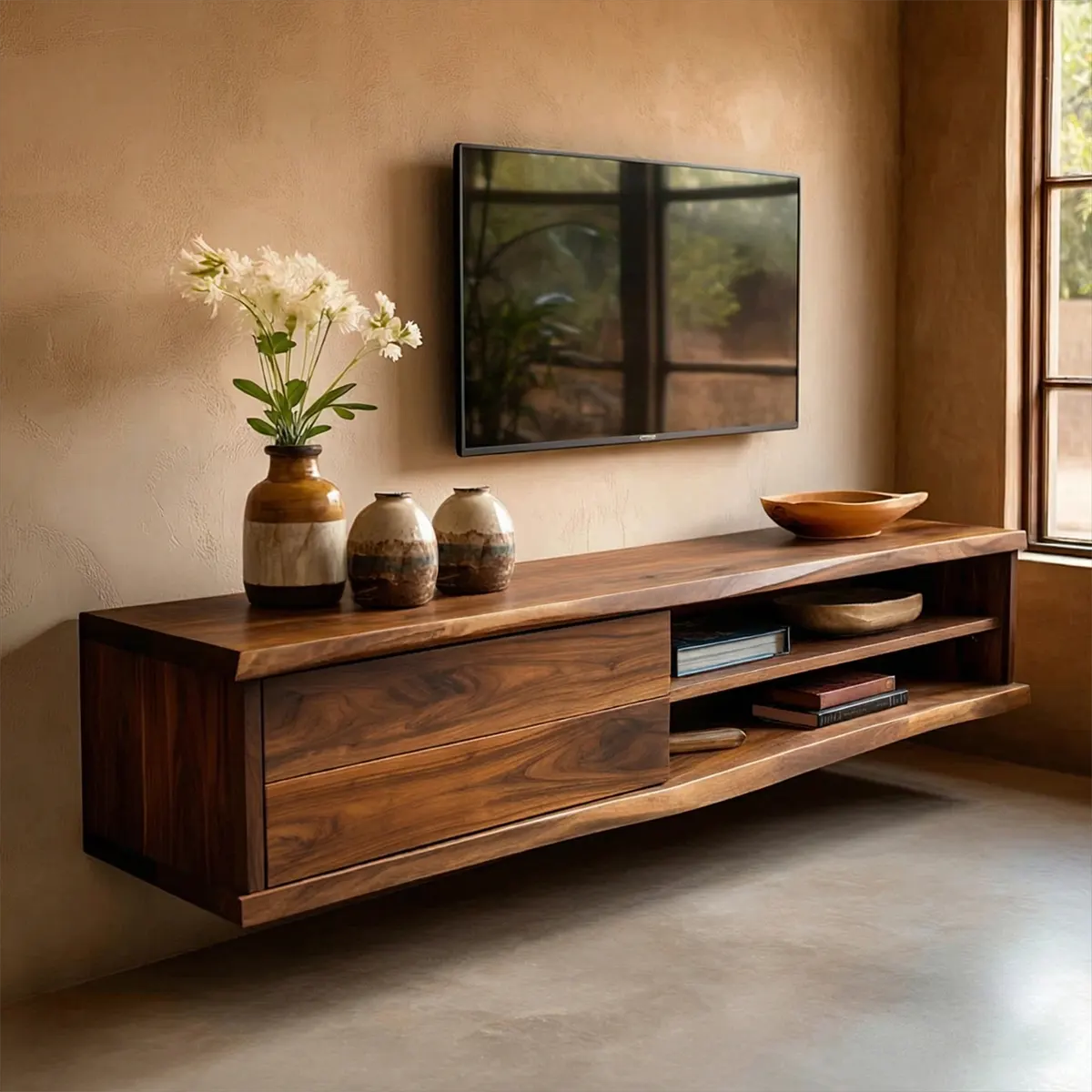 Floating Solid Wood TV Stand with Dual Shelf Storage and Clean Modern Form - Rustiracraft