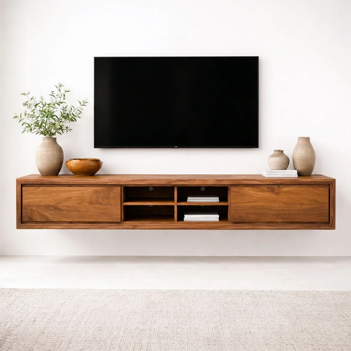 Floating Solid Wood TV Stand with Open Shelving Minimalist Media Console - Rustiracraft