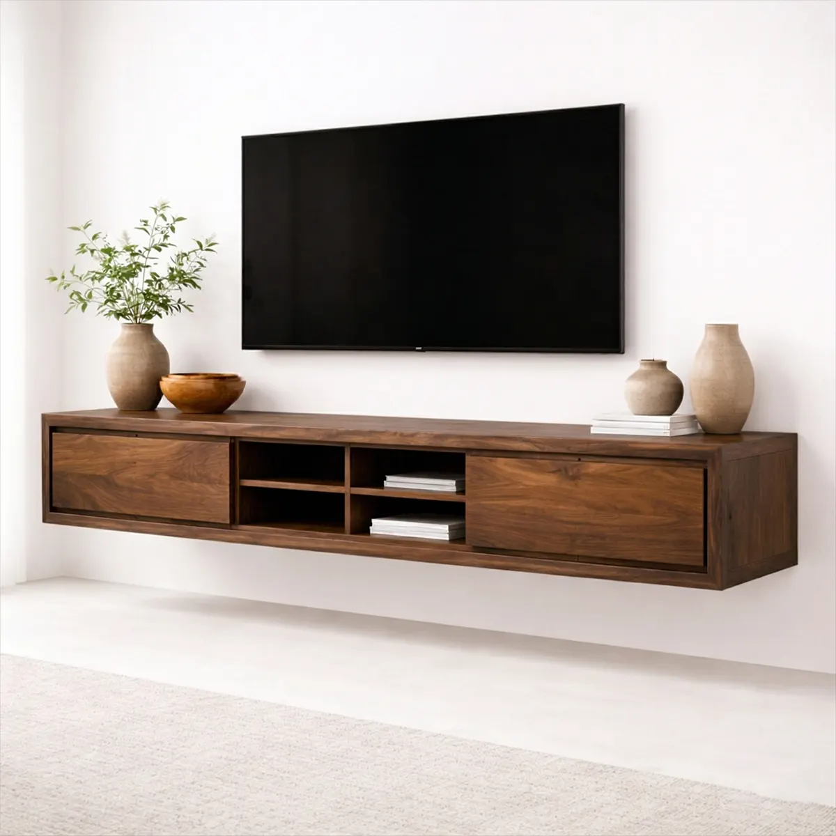 Floating Solid Wood TV Stand with Open Shelving Minimalist Media Console - Rustiracraft