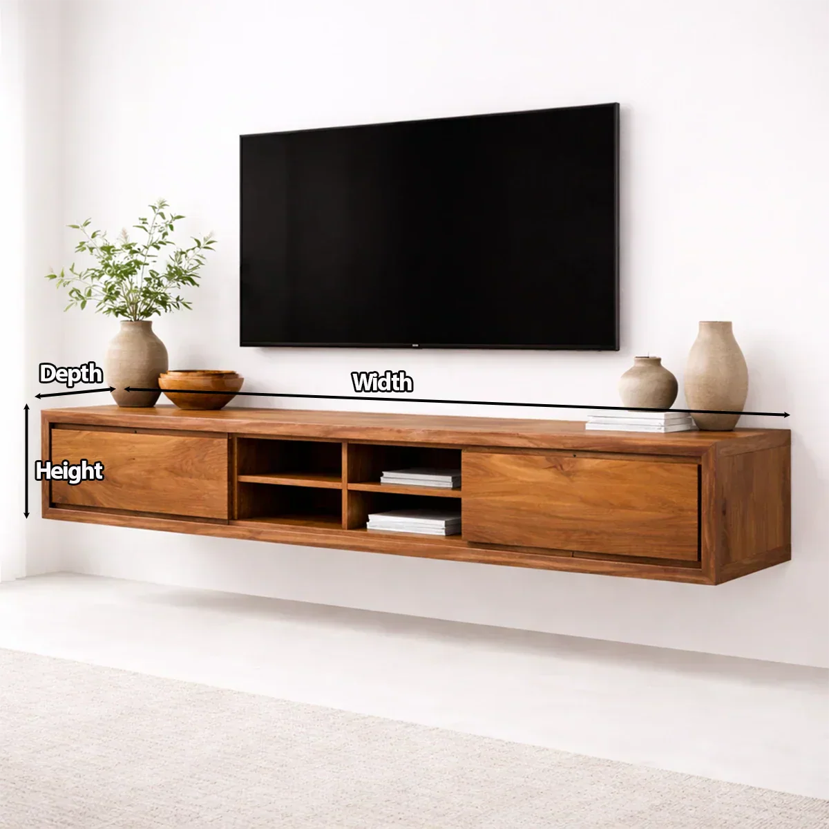 Floating Solid Wood TV Stand with Open Shelving Minimalist Media Console - Rustiracraft