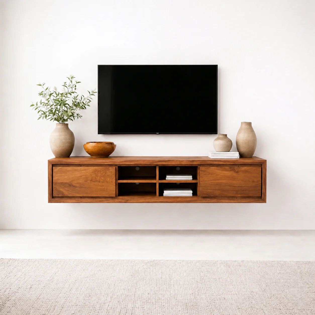 Floating Solid Wood TV Stand with Open Shelving Minimalist Media Console - Rustiracraft