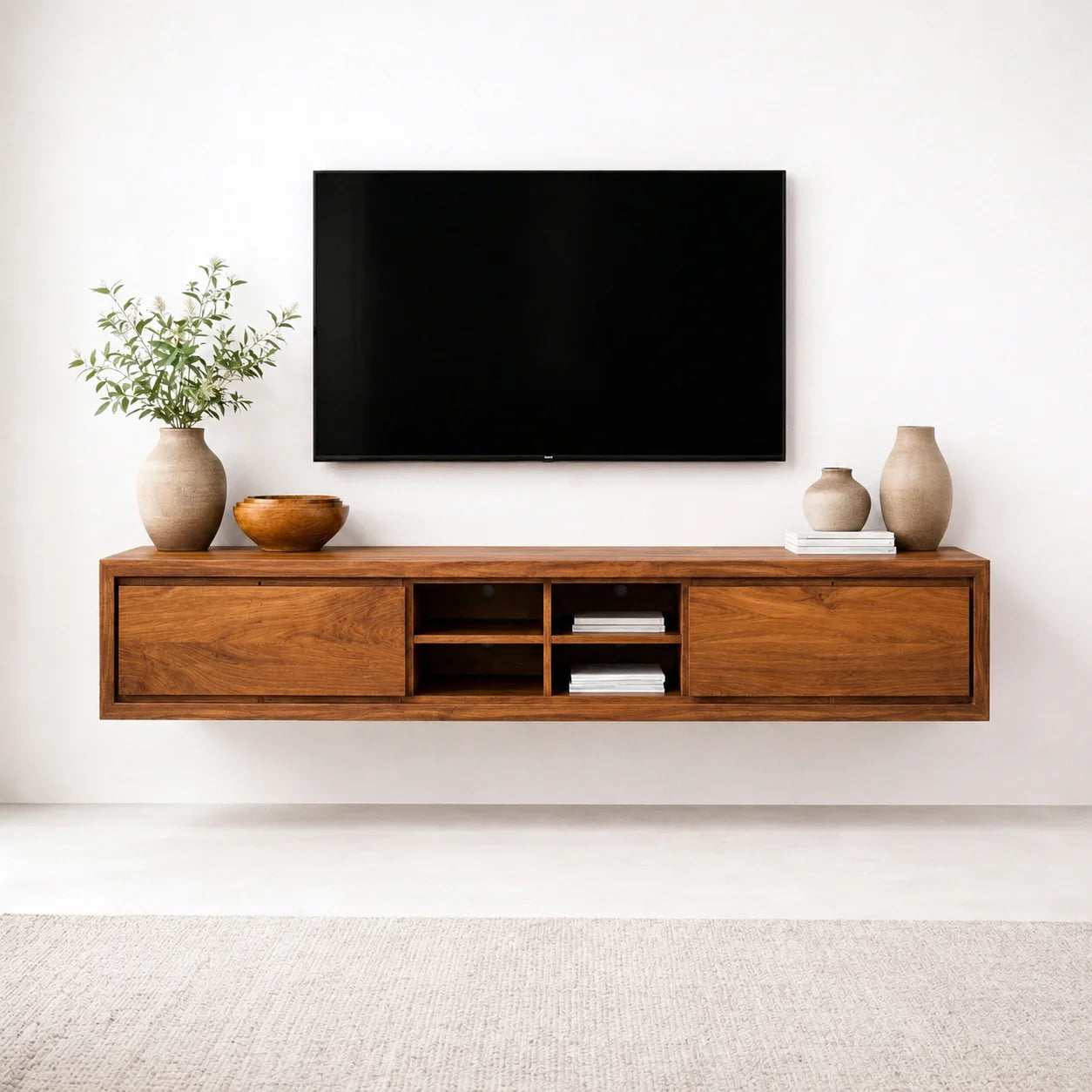 Floating Solid Wood TV Stand with Open Shelving Minimalist Media Console - Rustiracraft