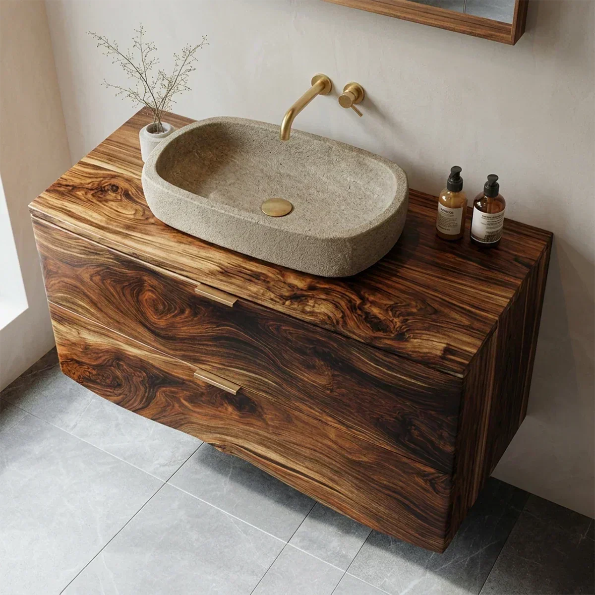 Floating Traditional Bathroom Vanity Cabinet in Natural Solid Wood - Rustiracraft