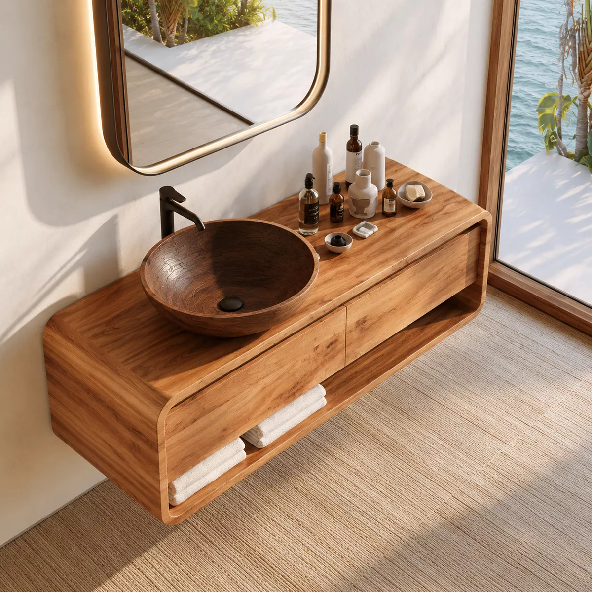 Floating Vanity with Two Curved Drawers and Open Shelf for Primary Bathroom - Rustiracraft