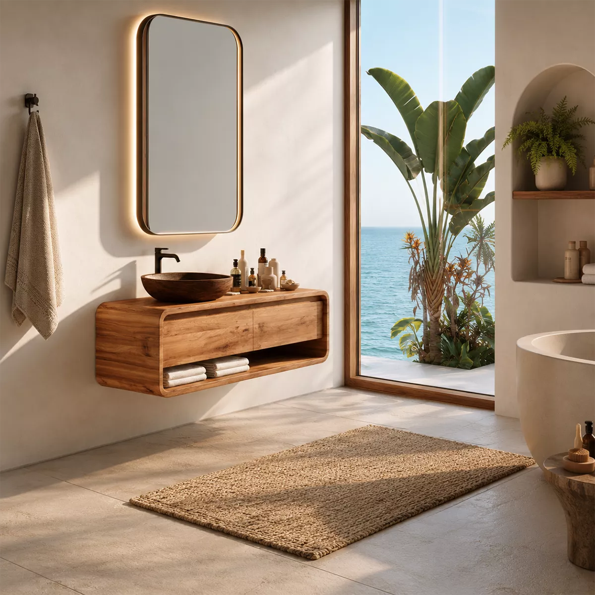 Floating Vanity with Two Curved Drawers and Open Shelf for Primary Bathroom - Rustiracraft