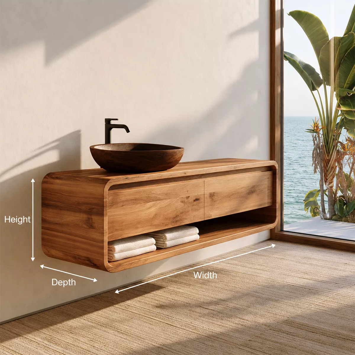 Floating Vanity with Two Curved Drawers and Open Shelf for Primary Bathroom - Rustiracraft