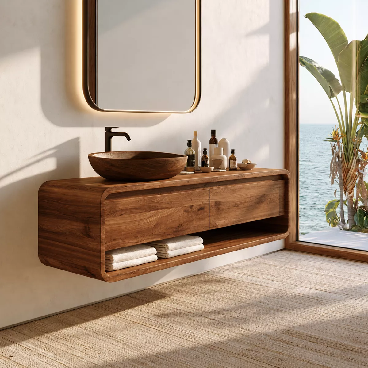 Floating Vanity with Two Curved Drawers and Open Shelf for Primary Bathroom - Rustiracraft