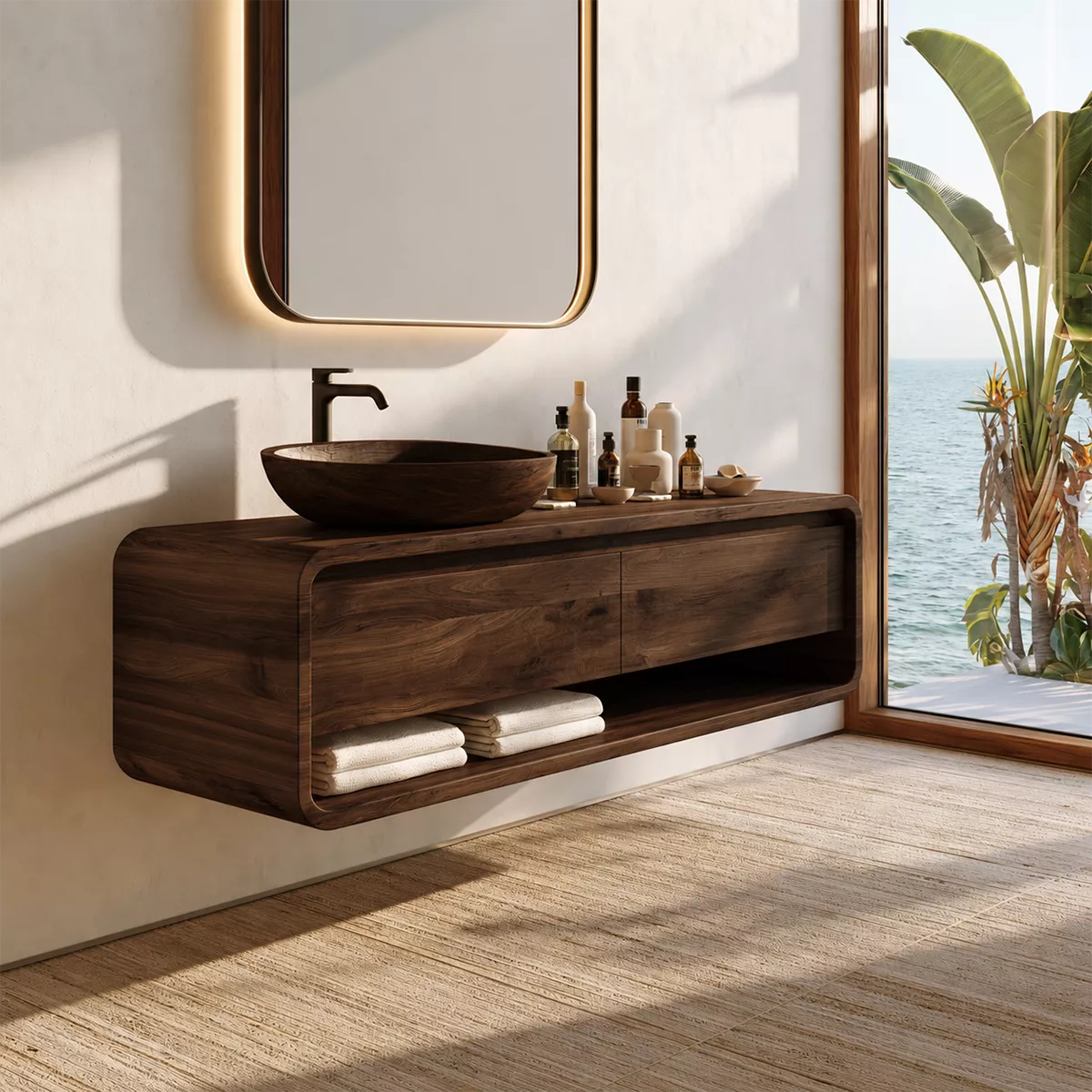 Floating Vanity with Two Curved Drawers and Open Shelf for Primary Bathroom - Rustiracraft